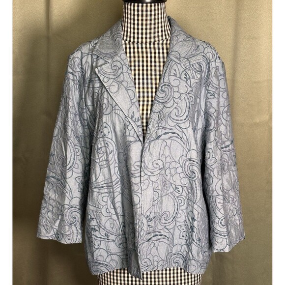 Coldwater Creek Large 14-16 Blue Silk Embroidered 3/4 Sleeve Open Front Jacket - Picture 1 of 7